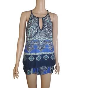 In Bloom by Jonquil Size M Women's Blue Paisley Pajama Shorts Set Racerback